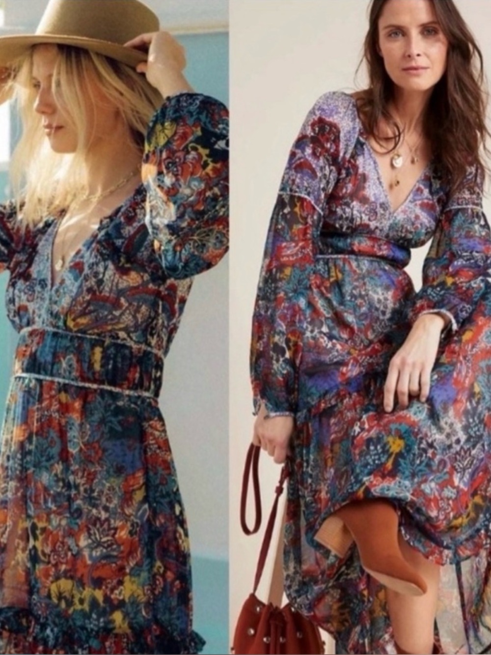 Printed Maeve Anthropology V-Neck Long Sleeve Maxi Dress in Multi-Color
